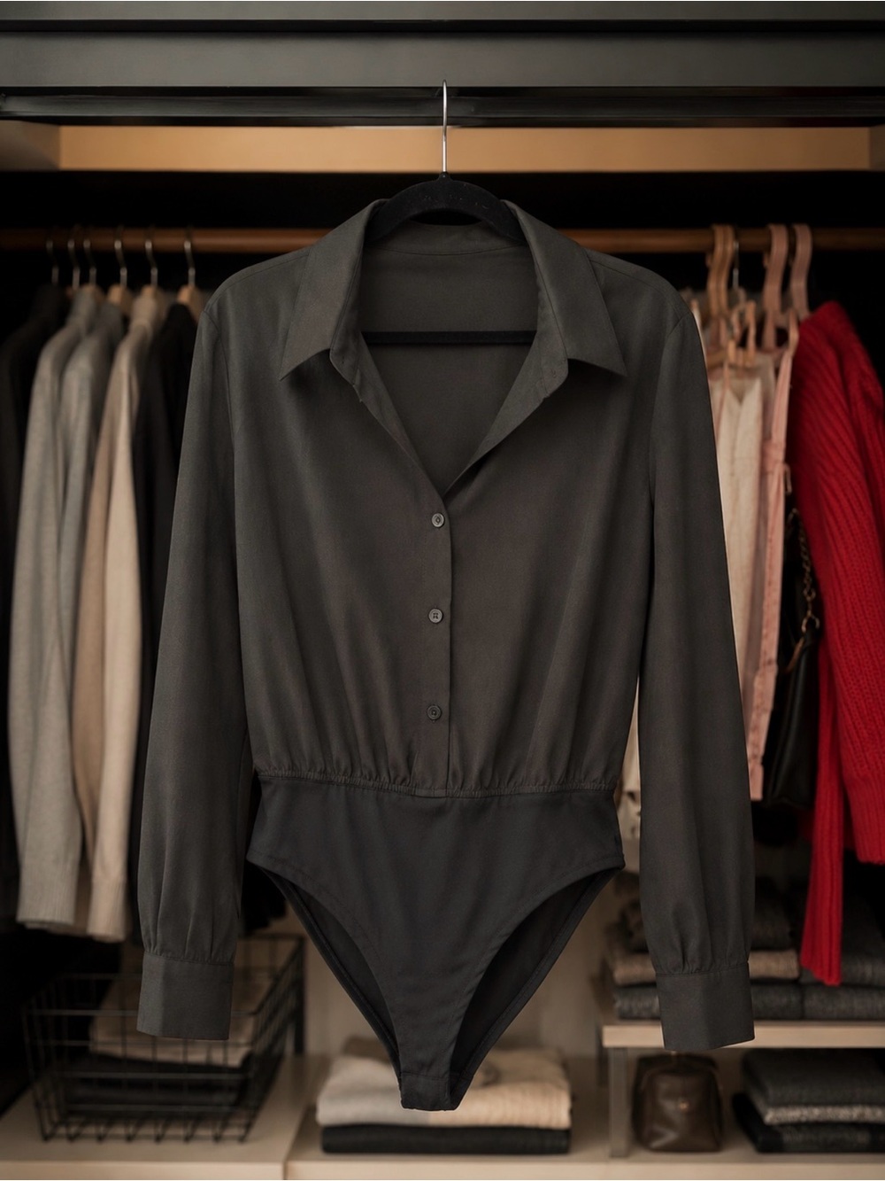 Black Button Front Long Sleeve Bodysuit | Capsule Wardrobe Essential